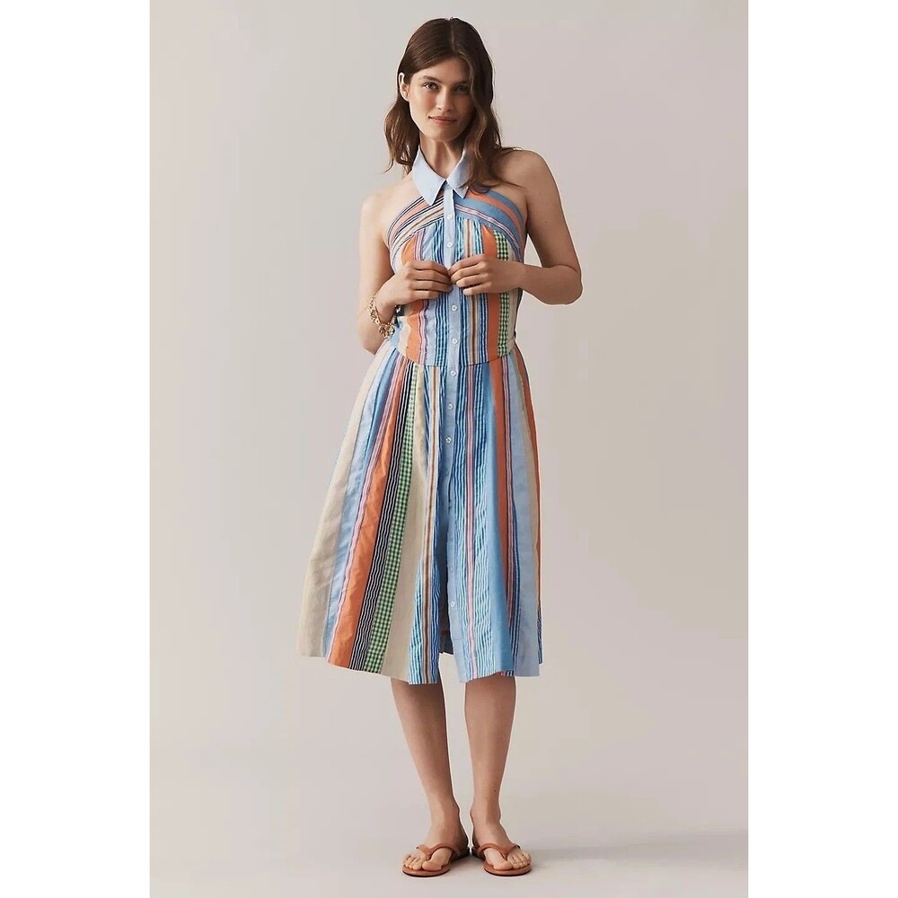 By Anthropologie Maeve Collared Halter Shirt Dress Striped Printed M 286172
